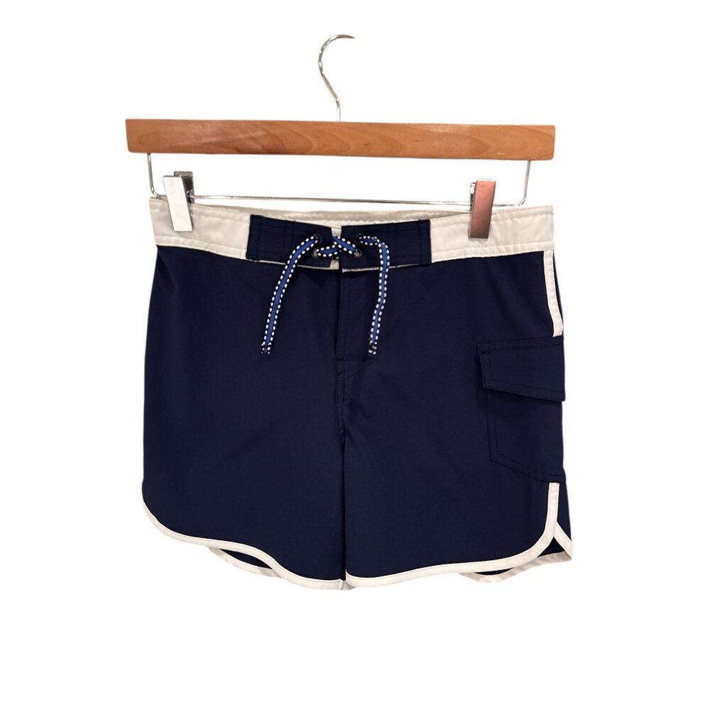 L.L.Bean Girls Navy Swim Shorts Size 14 With Pocket & White Trim